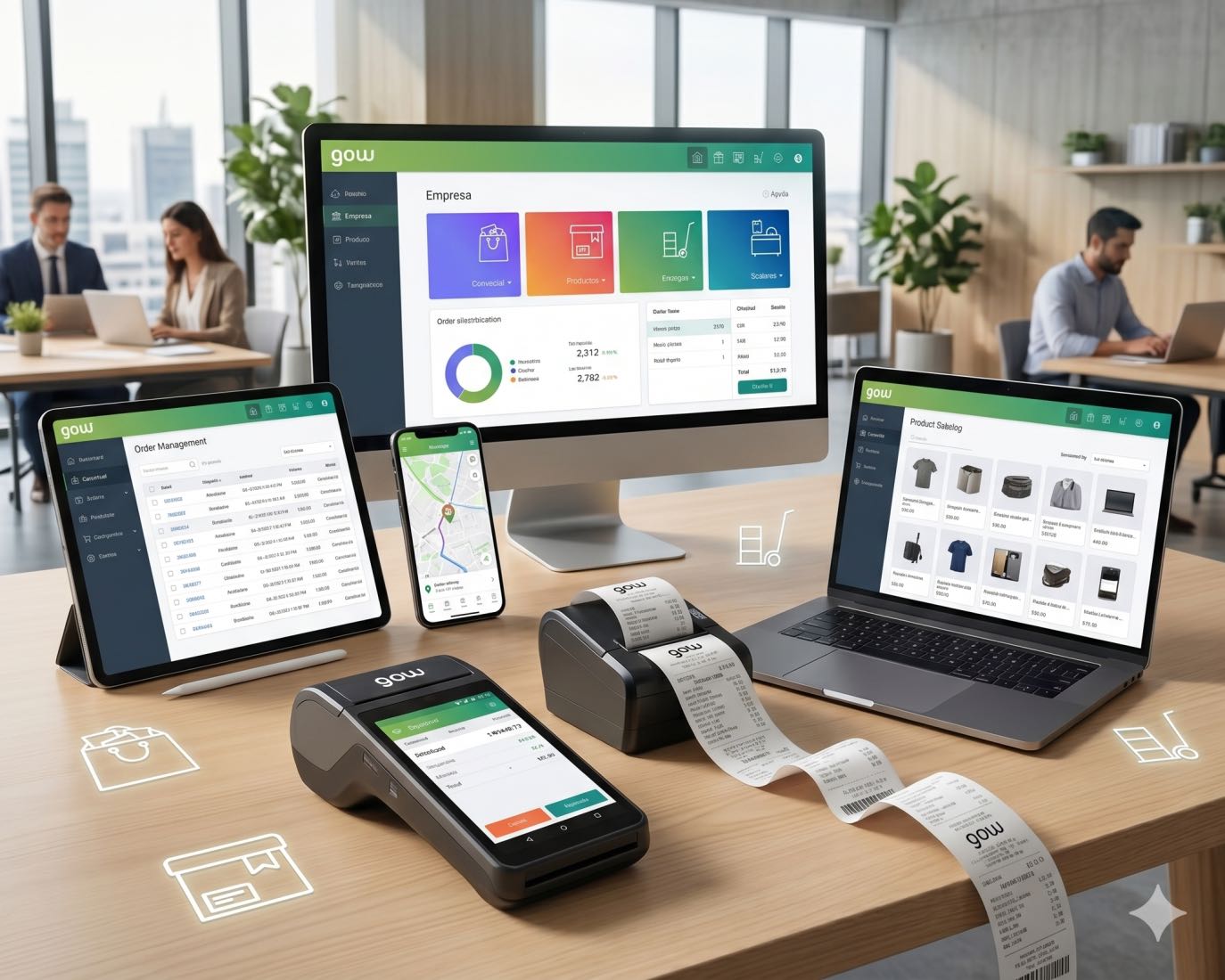 Dashboard de Gow en desktop, tablet, celular y terminal de pago