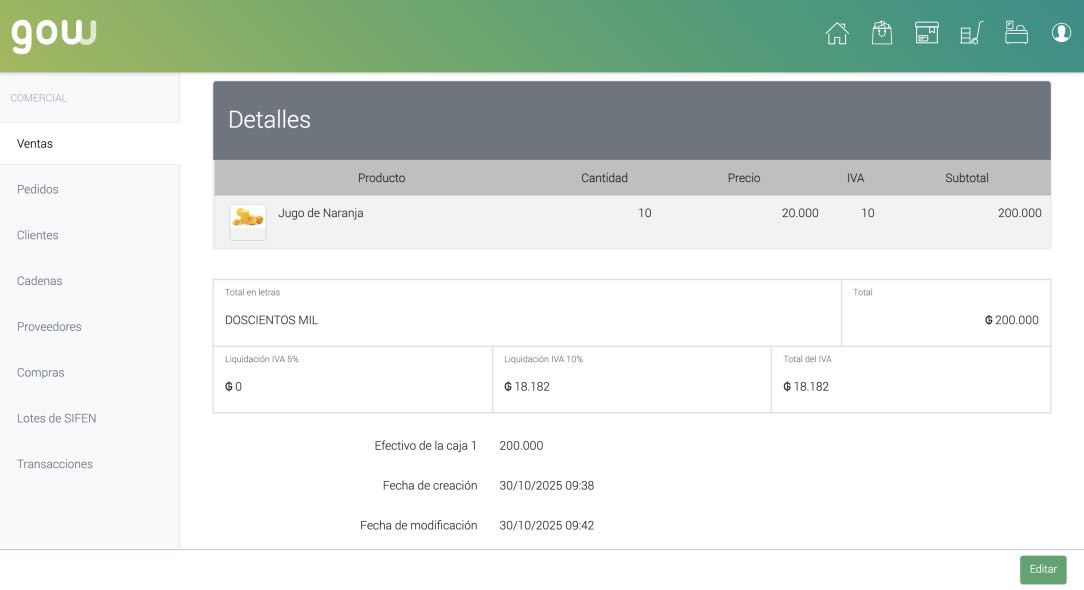 Dashboard de Gow — detalle de venta