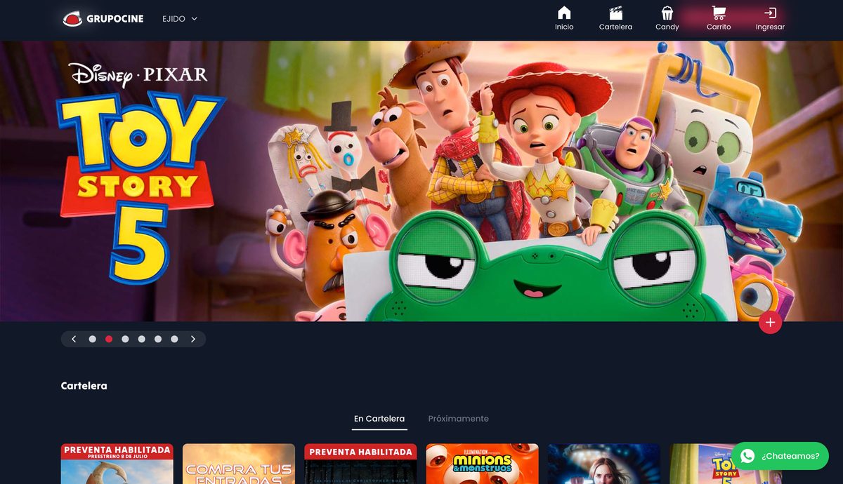Cartelera de Grupocine — grilla de películas y venta de entradas online